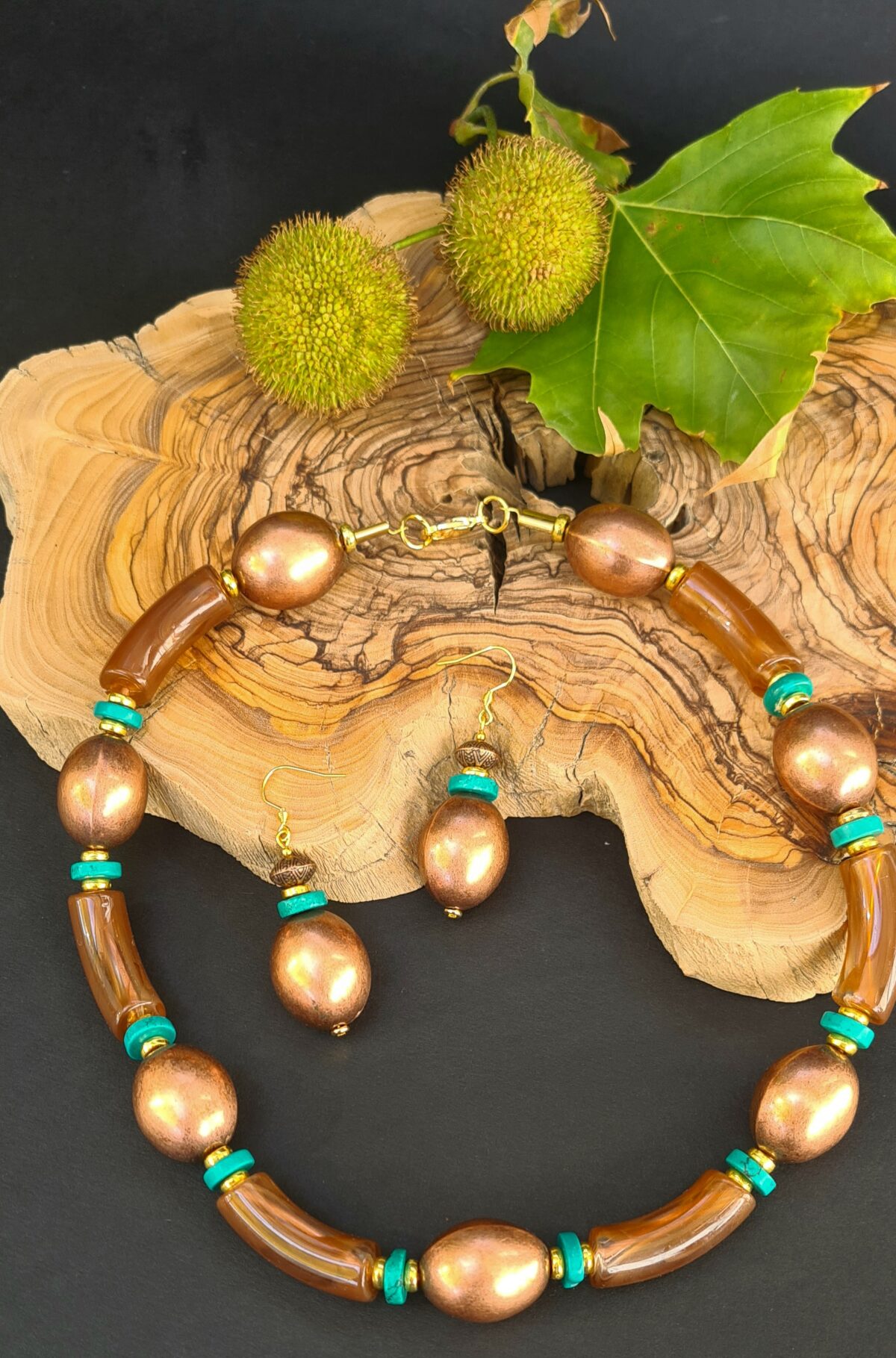 "Golden Earth" Necklace and Earrings Set with Acrylic Beads, Howlite, and Brass