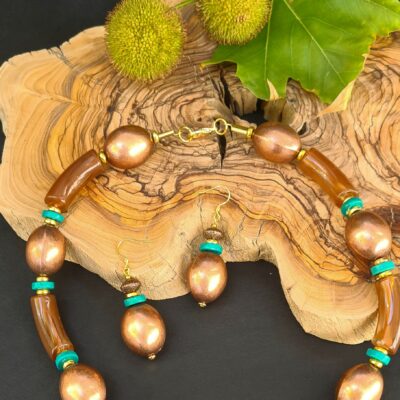 "Golden Earth" Necklace and Earrings Set with Acrylic Beads, Howlite, and Brass