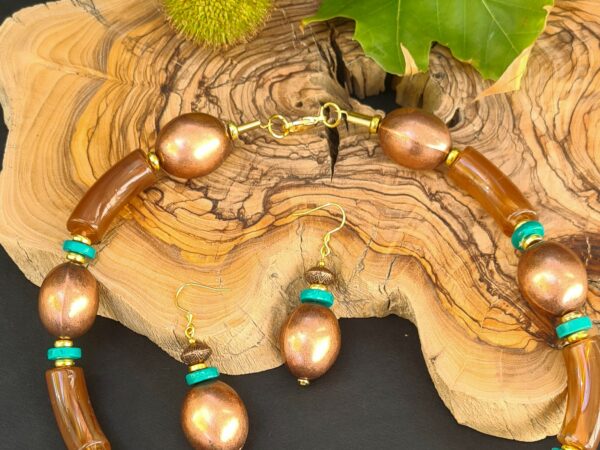 "Golden Earth" Necklace and Earrings Set with Acrylic Beads, Howlite, and Brass